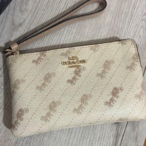 Coach Cream Canvas Signature Wristlet with Tan Trim
